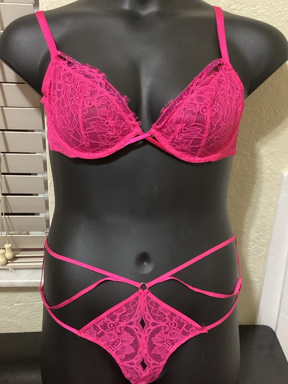 Hot Pink Lace Strappy Bra & Panty Set - Women's Intimates